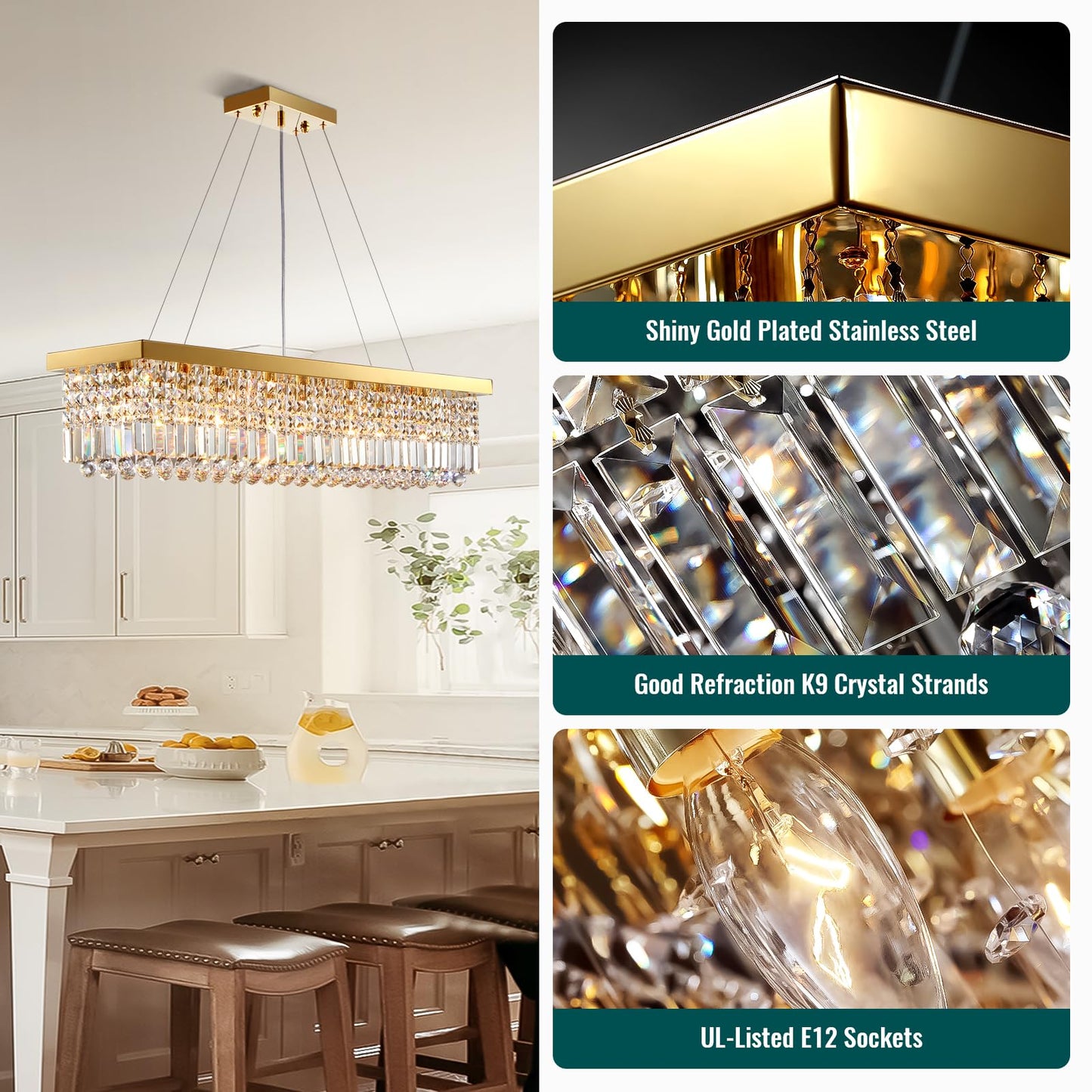 Vrbgify 8-Light Gold Rectangular K9 Crystal Raindrop Chandelier Dimmable Ceiling Light 40 in L x 10 in W x 10 in H for Dining Living Kitchen