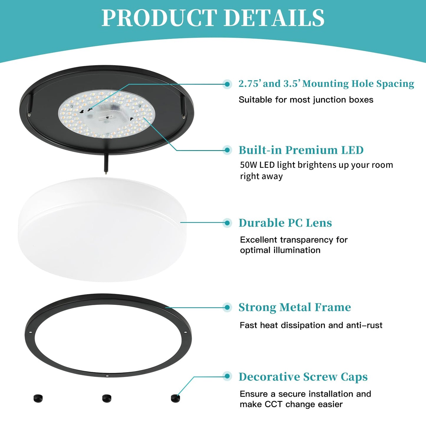 Vrbgify 16 inch LED flush mount ceiling light fixture 50W 5CCT 2700K 3000K 4000K 5000K 6500K dimmable black for kitchen hallway bathroom bedroom 2 pack