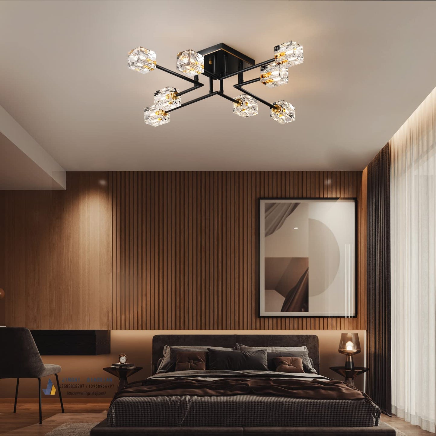 Vrbgify 8 Piece Semi Flush Mount Ceiling Light Fixture Black Gold Modern Crystal Chandelier K9 Crystal G9 Socket for Dining Living Bedroom Entryway
