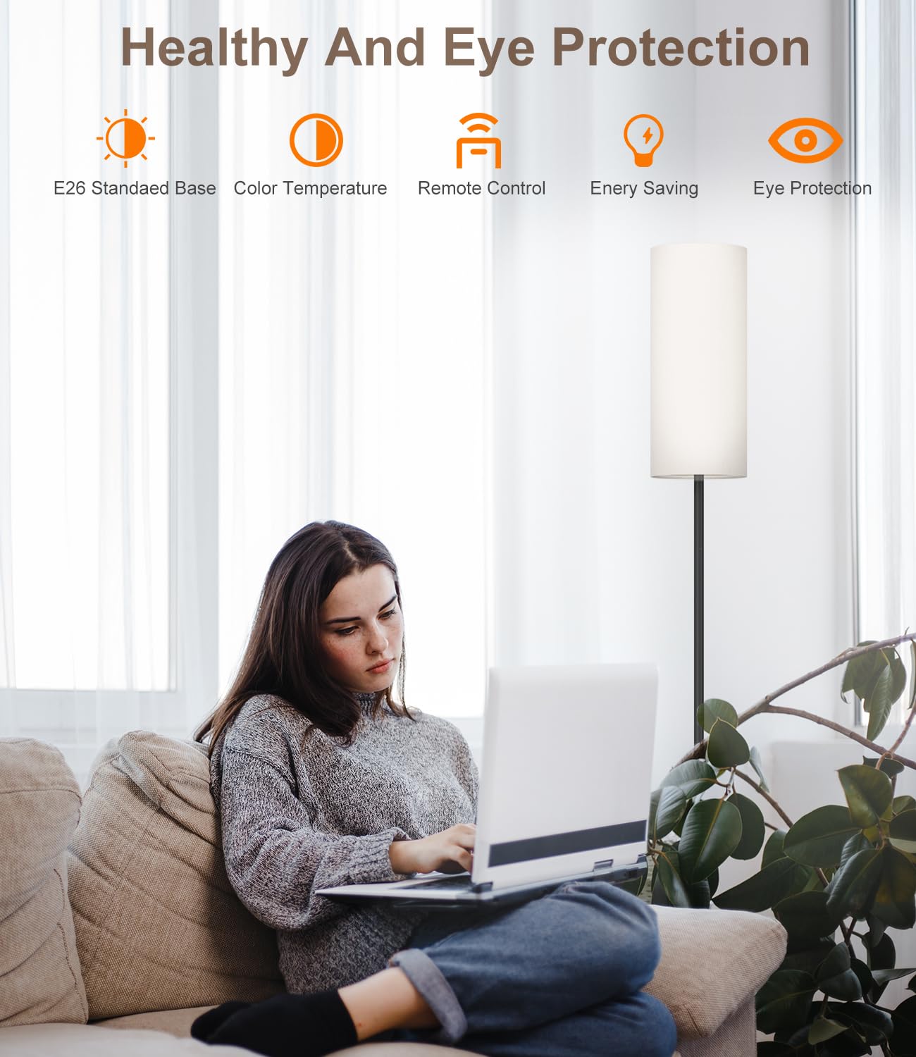 Vrbgify 1 Piece Dimmable LED Floor Lamp 12W Bulb Adjustable Color Temperature 3000K to 6500K Linen Shade Remote Foot Switch Black
