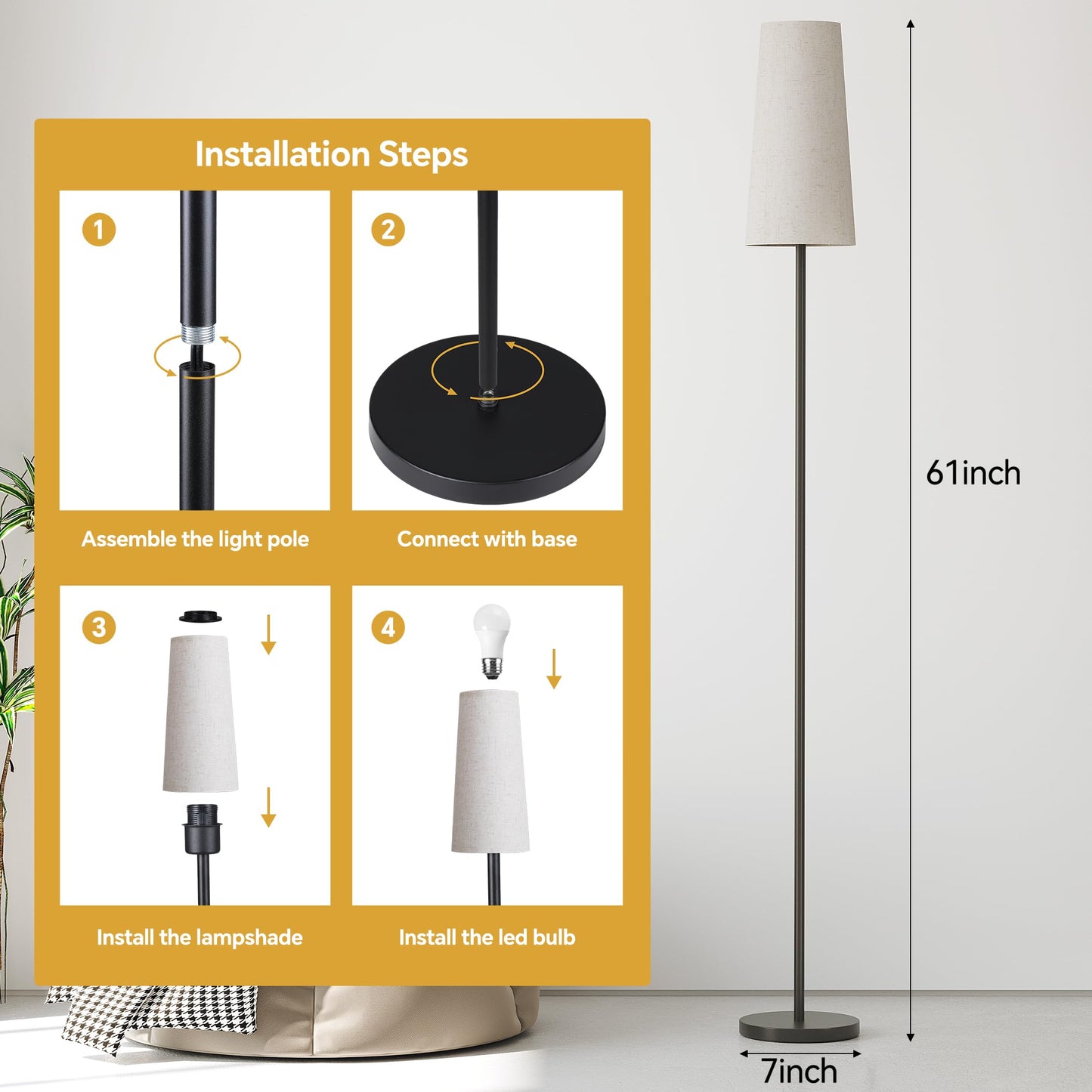 Vrbgify 61 Inch Floor Lamp with 9W LED Bulb 3 Color Temperature E26 Socket Weighted Base Foot Switch for Living Room Bedroom Office 1 Piece
