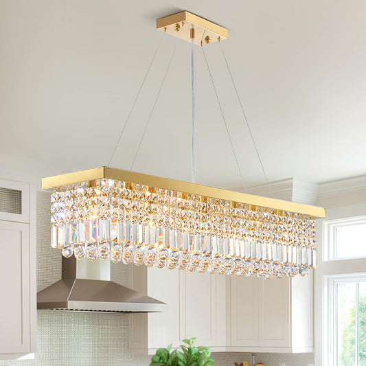 Vrbgify 8-Light Gold Rectangular K9 Crystal Raindrop Chandelier Dimmable Ceiling Light 40 in L x 10 in W x 10 in H for Dining Living Kitchen