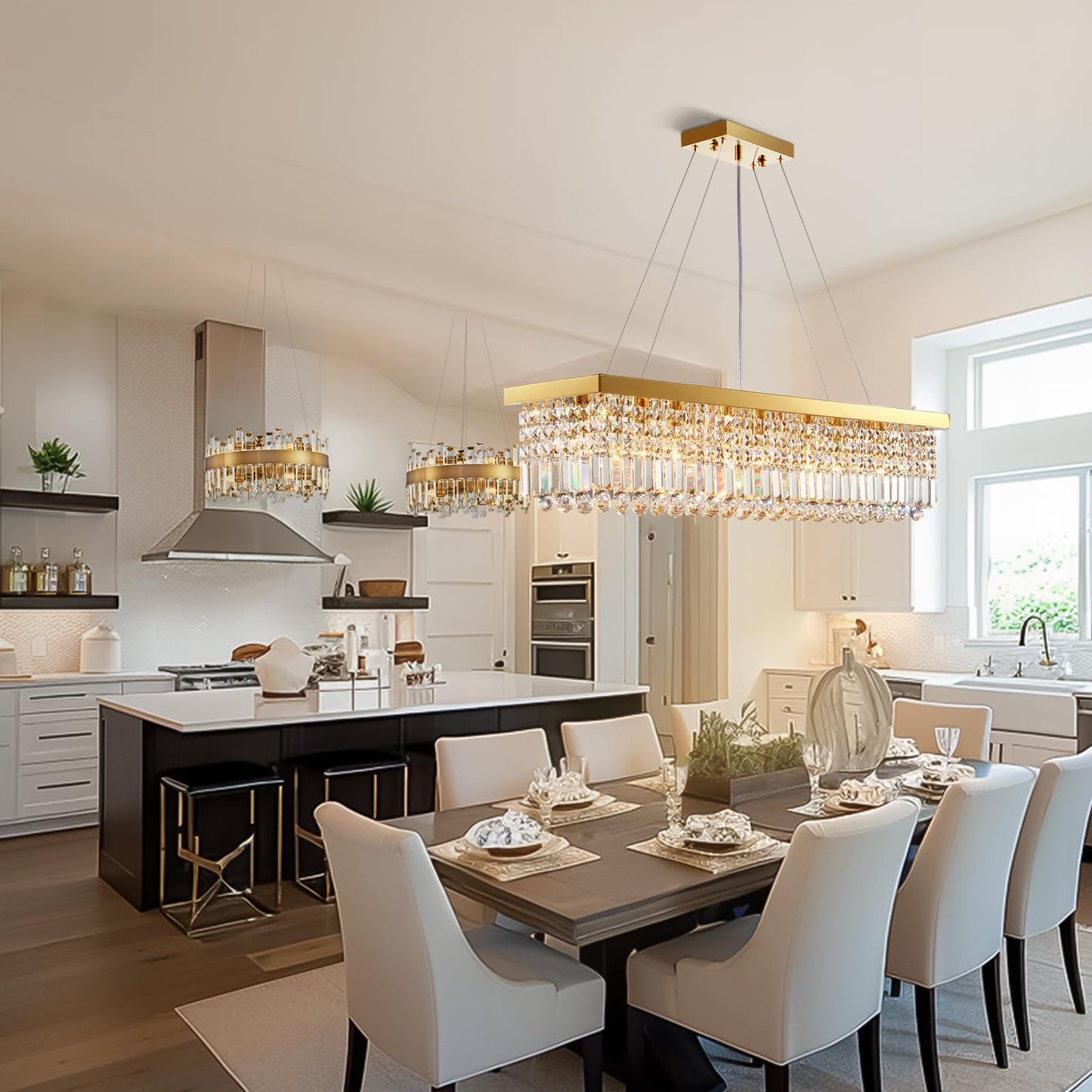 Vrbgify 8-Light Gold Rectangular K9 Crystal Raindrop Chandelier Dimmable Ceiling Light 40 in L x 10 in W x 10 in H for Dining Living Kitchen