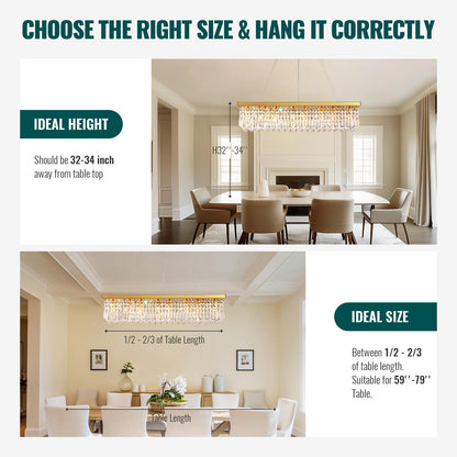 Vrbgify 8-Light Gold Rectangular K9 Crystal Raindrop Chandelier Dimmable Ceiling Light 40 in L x 10 in W x 10 in H for Dining Living Kitchen