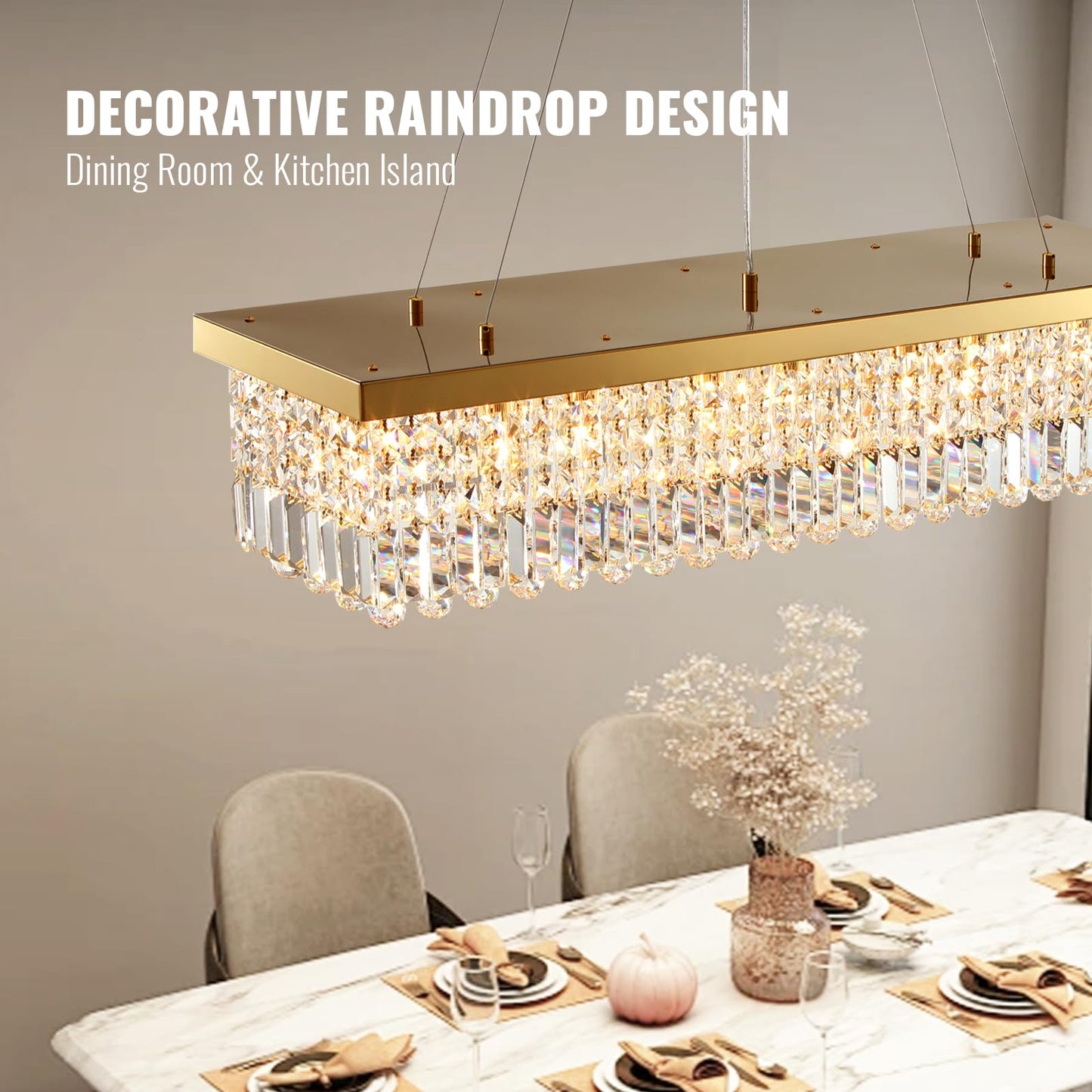 Vrbgify 8-Light Gold Rectangular K9 Crystal Raindrop Chandelier Dimmable Ceiling Light 40 in L x 10 in W x 10 in H for Dining Living Kitchen