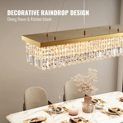 Vrbgify 8-Light Gold Rectangular K9 Crystal Raindrop Chandelier Dimmable Ceiling Light 40 in L x 10 in W x 10 in H for Dining Living Kitchen