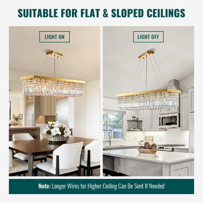 Vrbgify 8-Light Gold Rectangular K9 Crystal Raindrop Chandelier Dimmable Ceiling Light 40 in L x 10 in W x 10 in H for Dining Living Kitchen