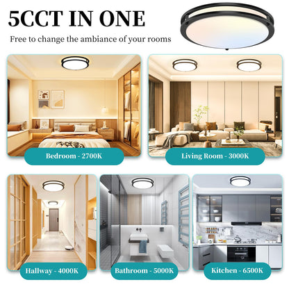 Vrbgify 16 inch LED flush mount ceiling light fixture 50W 5CCT 2700K 3000K 4000K 5000K 6500K dimmable black for kitchen hallway bathroom bedroom 2 pack