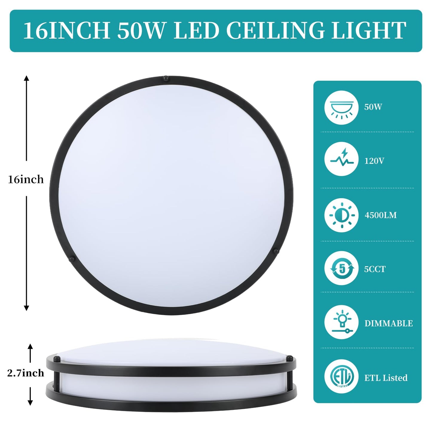 Vrbgify 16 inch LED flush mount ceiling light fixture 50W 5CCT 2700K 3000K 4000K 5000K 6500K dimmable black for kitchen hallway bathroom bedroom 2 pack