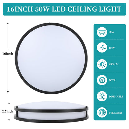Vrbgify 16 inch LED flush mount ceiling light fixture 50W 5CCT 2700K 3000K 4000K 5000K 6500K dimmable black for kitchen hallway bathroom bedroom 2 pack