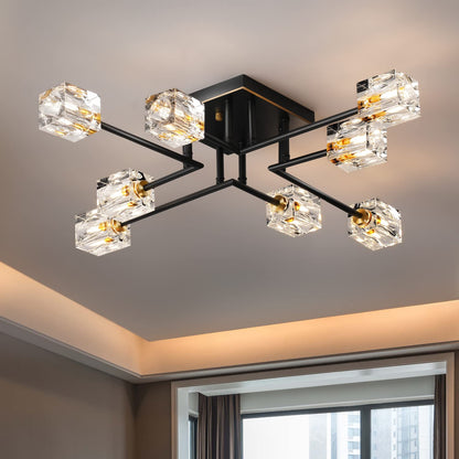Vrbgify 8 Piece Semi Flush Mount Ceiling Light Fixture Black Gold Modern Crystal Chandelier K9 Crystal G9 Socket for Dining Living Bedroom Entryway