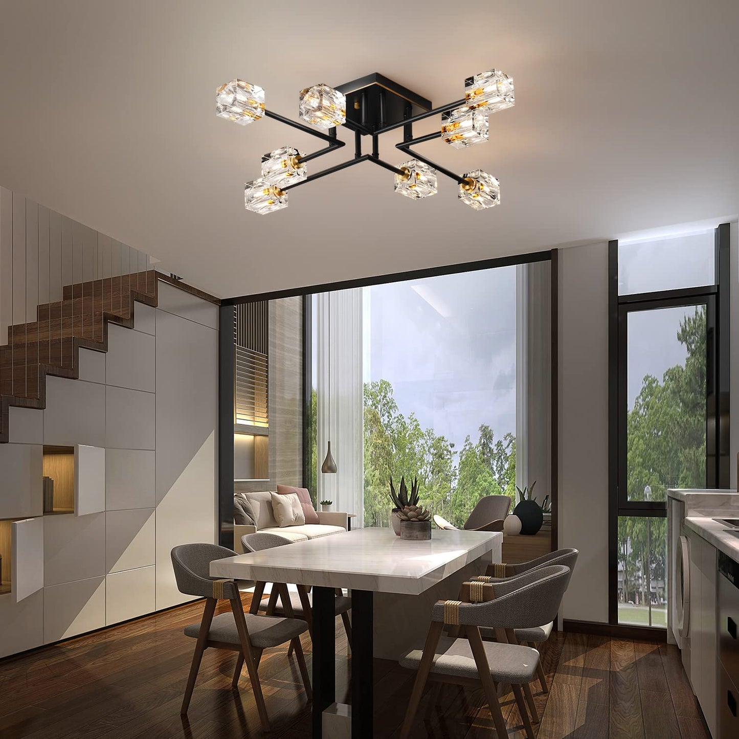 Vrbgify 8 Piece Semi Flush Mount Ceiling Light Fixture Black Gold Modern Crystal Chandelier K9 Crystal G9 Socket for Dining Living Bedroom Entryway