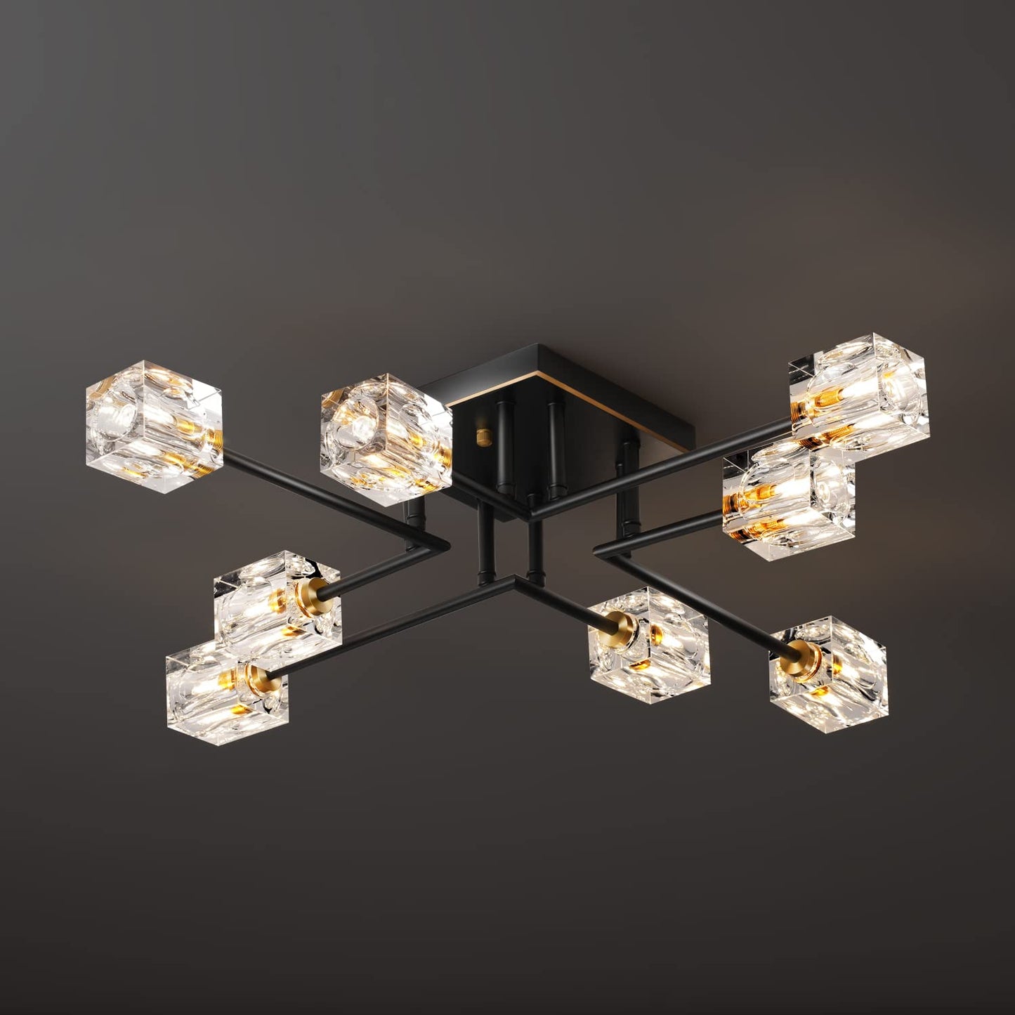 Vrbgify 8 Piece Semi Flush Mount Ceiling Light Fixture Black Gold Modern Crystal Chandelier K9 Crystal G9 Socket for Dining Living Bedroom Entryway