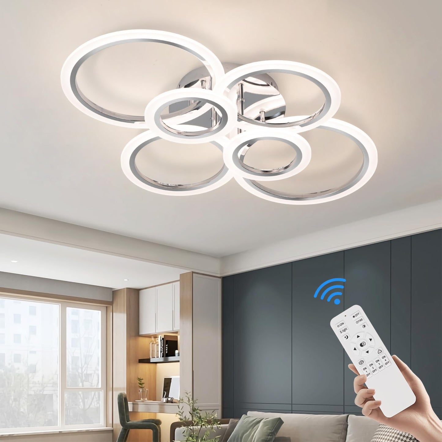 Vrbgify 6 Ring LED Ceiling Light Fixture Dimmable Flush Mount with Remote Acrylic Shade Adjustable Color Temperature for Living Room Bedroom Kitchen 1 Piece