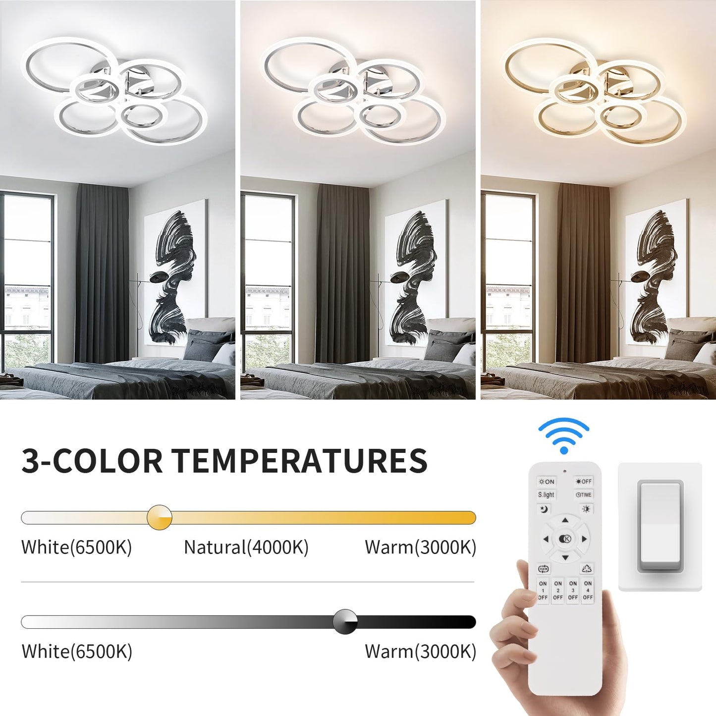 Vrbgify 6 Ring LED Ceiling Light Fixture Dimmable Flush Mount with Remote Acrylic Shade Adjustable Color Temperature for Living Room Bedroom Kitchen 1 Piece