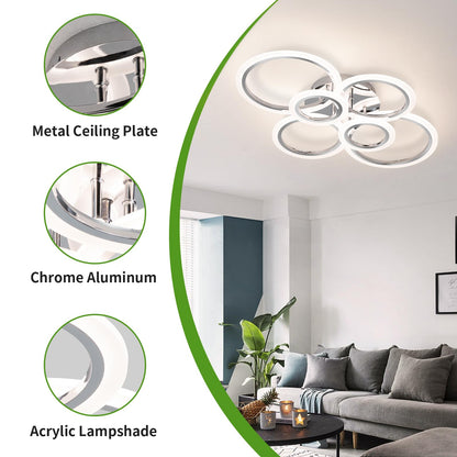 Vrbgify 6 Ring LED Ceiling Light Fixture Dimmable Flush Mount with Remote Acrylic Shade Adjustable Color Temperature for Living Room Bedroom Kitchen 1 Piece