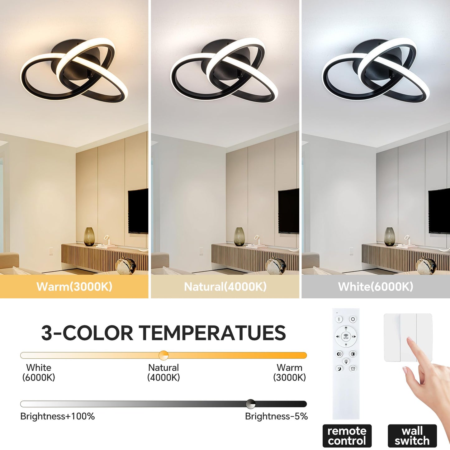 Vrbgify 10 Inch Black LED Ceiling Light 24W Dimmable Fixture with Remote Control Adjustable 3000K to 6000K for Bedroom Entryway Hallway Kitchen 1 Piece