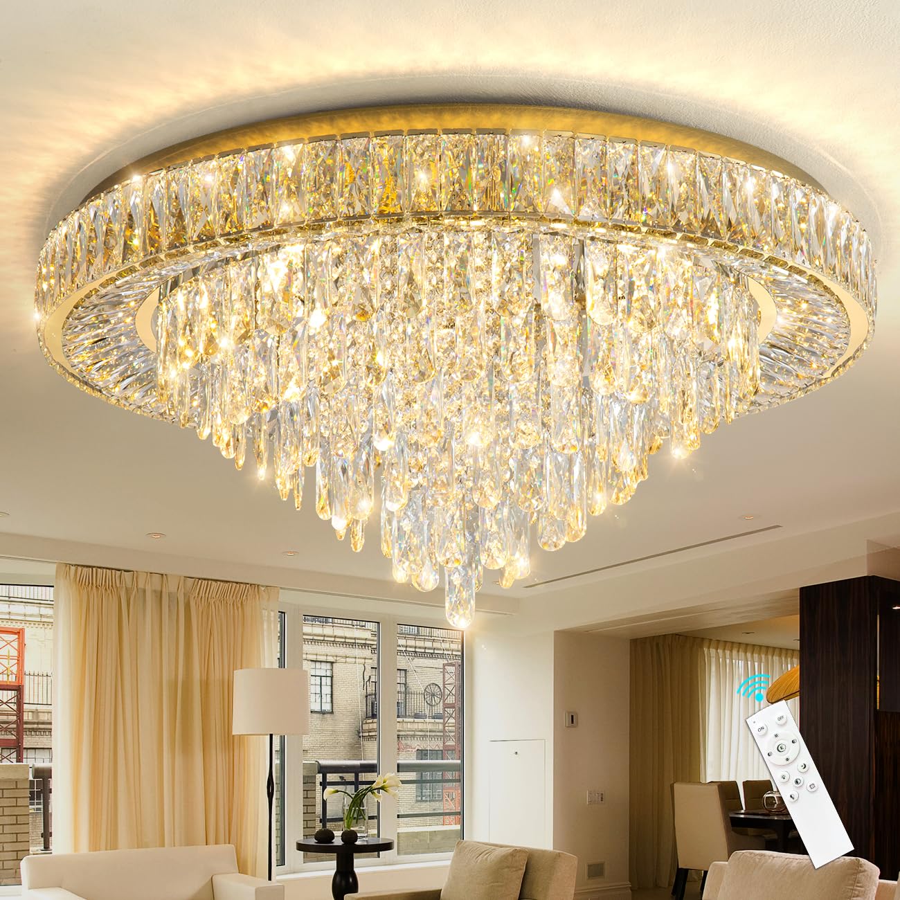 Vrbgify Modern Crystal Chandelier 31.5 Inch LED Dimmable Ceiling Light Fixture with Remote Flush Mount 75W 6000 Lumens for Dining Room Bedroom Foyer 1 Piece