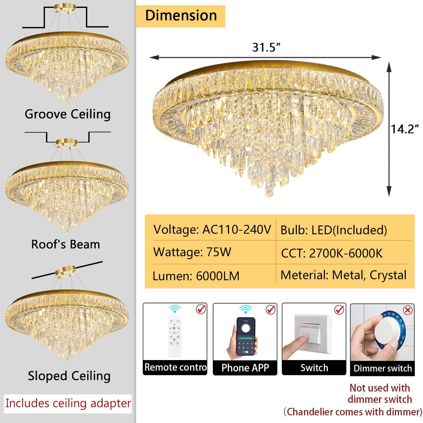Vrbgify Modern Crystal Chandelier 31.5 Inch LED Dimmable Ceiling Light Fixture with Remote Flush Mount 75W 6000 Lumens for Dining Room Bedroom Foyer 1 Piece