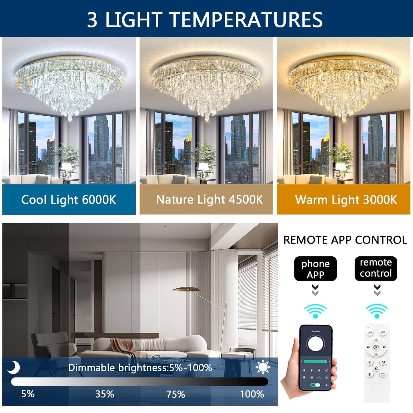 Vrbgify Modern Crystal Chandelier 31.5 Inch LED Dimmable Ceiling Light Fixture with Remote Flush Mount 75W 6000 Lumens for Dining Room Bedroom Foyer 1 Piece