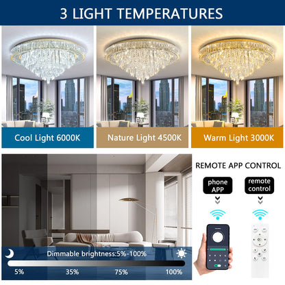 Vrbgify Modern Crystal Chandelier 31.5 Inch LED Dimmable Ceiling Light Fixture with Remote Flush Mount 75W 6000 Lumens for Dining Room Bedroom Foyer 1 Piece