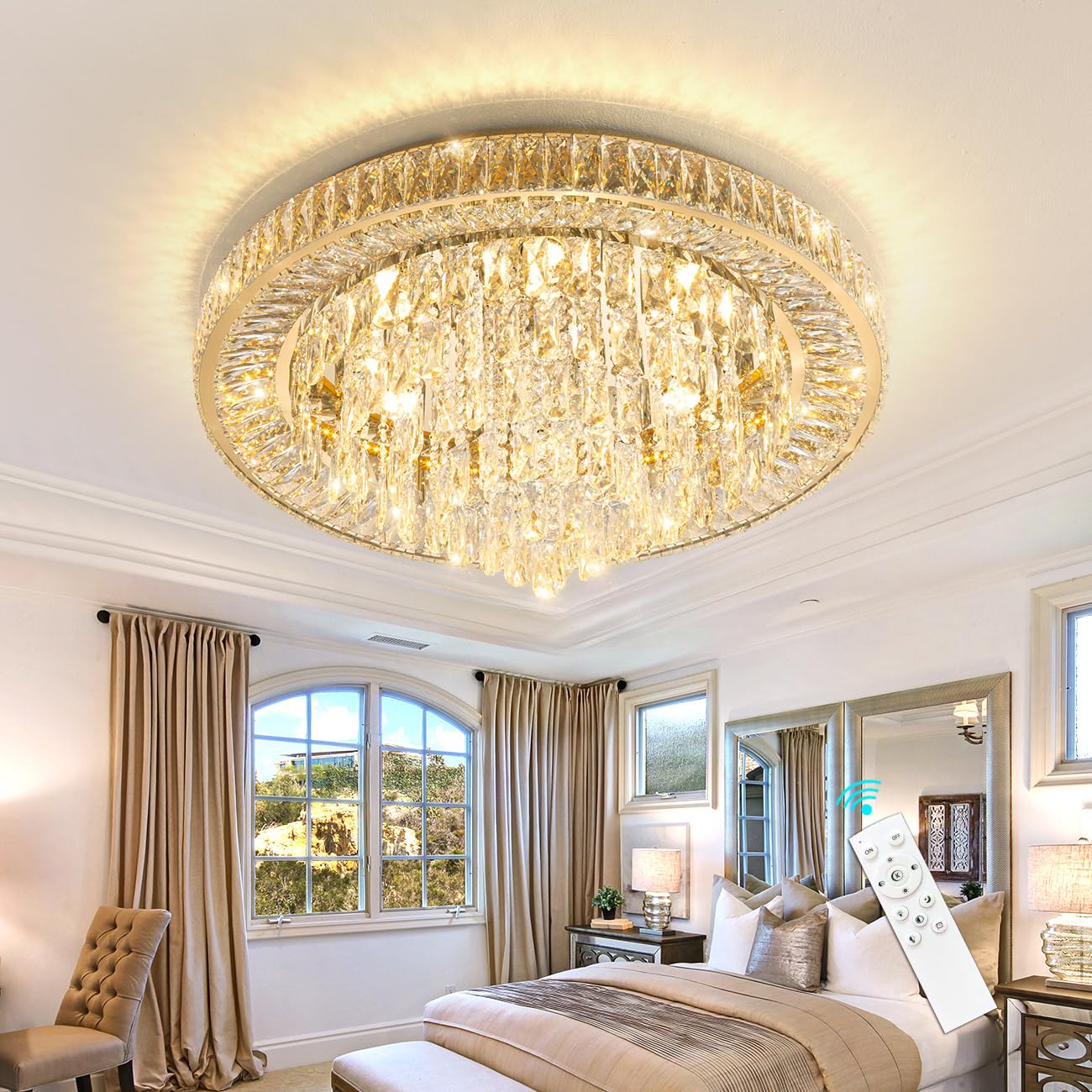 Vrbgify Modern Crystal Chandelier 31.5 Inch LED Dimmable Ceiling Light Fixture with Remote Flush Mount 75W 6000 Lumens for Dining Room Bedroom Foyer 1 Piece