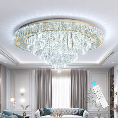 Vrbgify Modern Crystal Chandelier 31.5 Inch LED Dimmable Ceiling Light Fixture with Remote Flush Mount 75W 6000 Lumens for Dining Room Bedroom Foyer 1 Piece