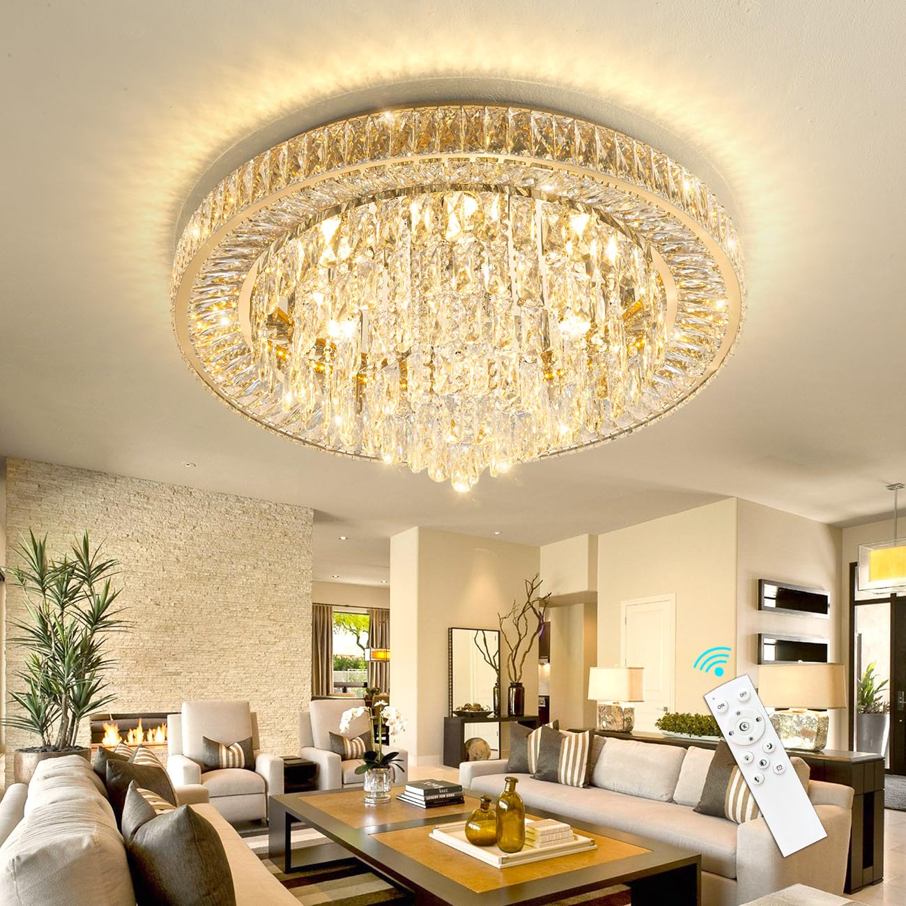 Vrbgify Modern Crystal Chandelier 31.5 Inch LED Dimmable Ceiling Light Fixture with Remote Flush Mount 75W 6000 Lumens for Dining Room Bedroom Foyer 1 Piece