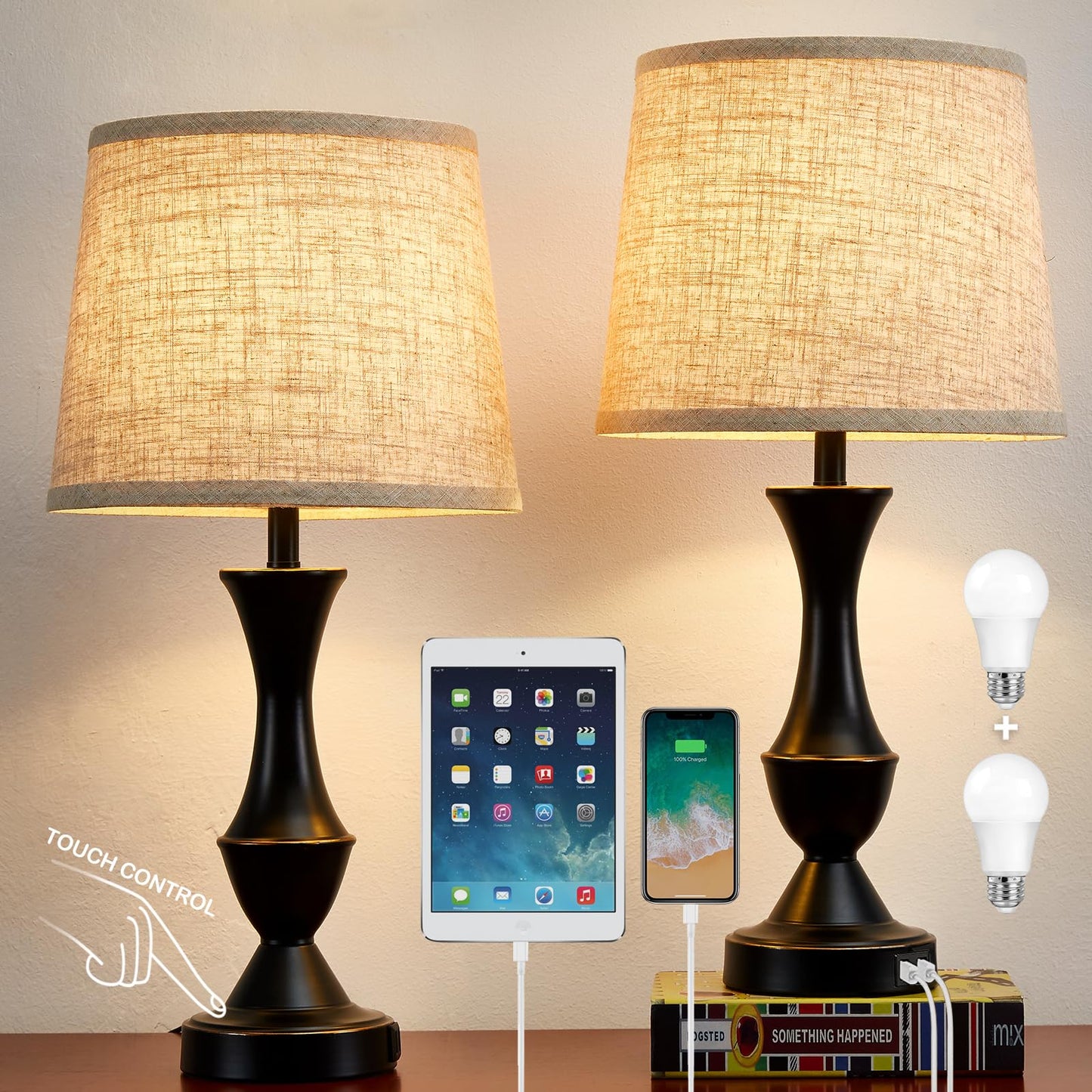 Vrbgify 22 Inch Touch Table Lamps Set of 2 with USB C and A Charging Ports Dimmable 3 Way Nightstand Lamps Black Base Beige Shade Bulbs Included