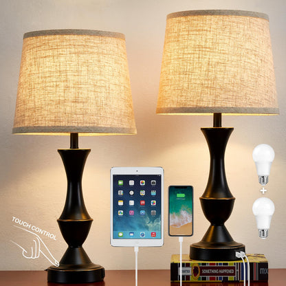 Vrbgify 22 Inch Touch Table Lamps Set of 2 with USB C and A Charging Ports Dimmable 3 Way Nightstand Lamps Black Base Beige Shade Bulbs Included