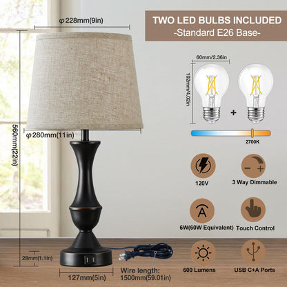 Vrbgify 22 Inch Touch Table Lamps Set of 2 with USB C and A Charging Ports Dimmable 3 Way Nightstand Lamps Black Base Beige Shade Bulbs Included