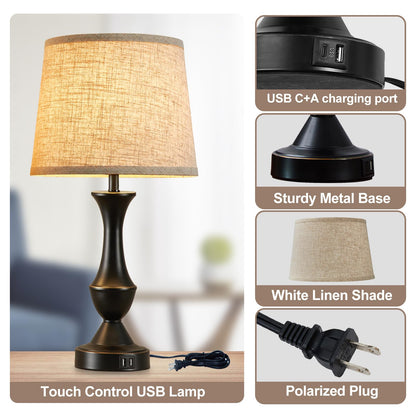 Vrbgify 22 Inch Touch Table Lamps Set of 2 with USB C and A Charging Ports Dimmable 3 Way Nightstand Lamps Black Base Beige Shade Bulbs Included