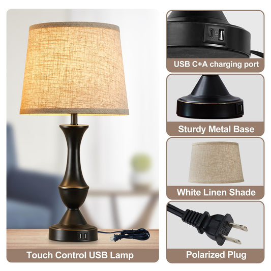 Vrbgify 22 Inch Touch Table Lamps Set of 2 with USB C and A Charging Ports Dimmable 3 Way Nightstand Lamps Black Base Beige Shade Bulbs Included