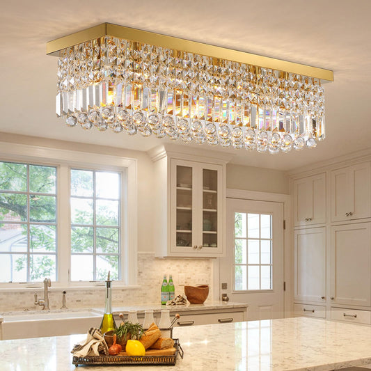 Vrbgify 6 Light Gold Rectangular Crystal Raindrop Chandelier Flush Mount Ceiling Light Fixture for Dining Room Kitchen Island 31.5 x 10 x 10 Inch 1 Piece