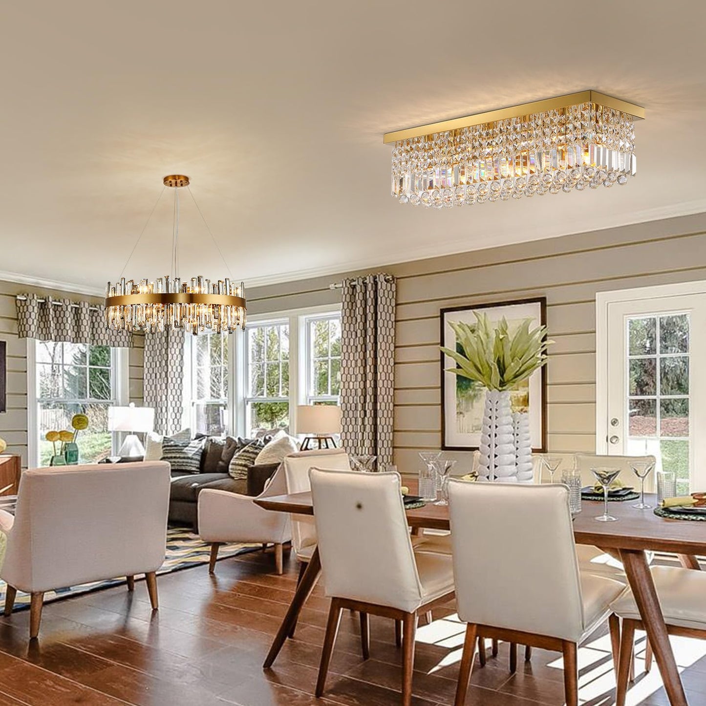 Vrbgify 6 Light Gold Rectangular Crystal Raindrop Chandelier Flush Mount Ceiling Light Fixture for Dining Room Kitchen Island 31.5 x 10 x 10 Inch 1 Piece