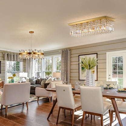 Vrbgify 6 Light Gold Rectangular Crystal Raindrop Chandelier Flush Mount Ceiling Light Fixture for Dining Room Kitchen Island 31.5 x 10 x 10 Inch 1 Piece