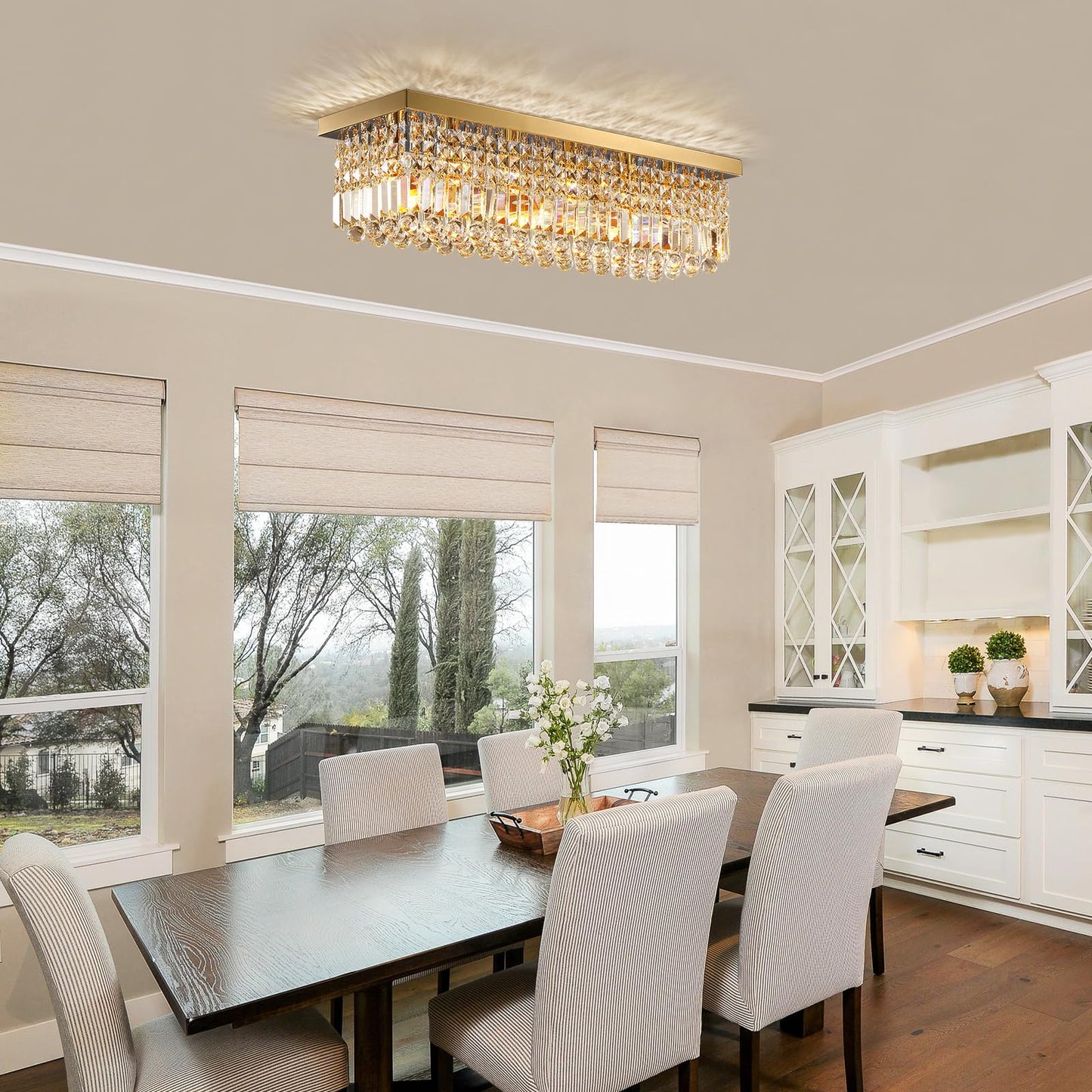 Vrbgify 6 Light Gold Rectangular Crystal Raindrop Chandelier Flush Mount Ceiling Light Fixture for Dining Room Kitchen Island 31.5 x 10 x 10 Inch 1 Piece