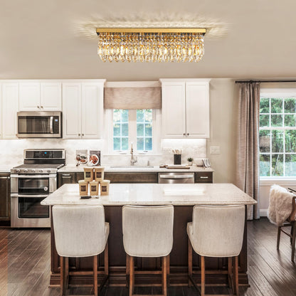 Vrbgify 6 Light Gold Rectangular Crystal Raindrop Chandelier Flush Mount Ceiling Light Fixture for Dining Room Kitchen Island 31.5 x 10 x 10 Inch 1 Piece