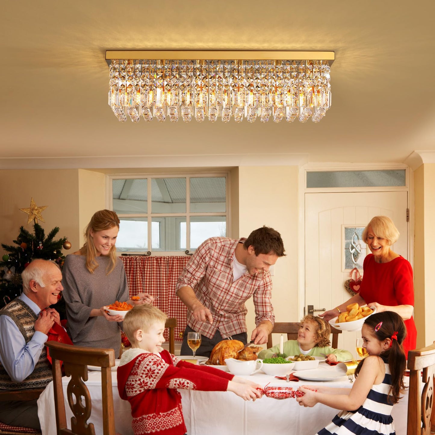 Vrbgify 6 Light Gold Rectangular Crystal Raindrop Chandelier Flush Mount Ceiling Light Fixture for Dining Room Kitchen Island 31.5 x 10 x 10 Inch 1 Piece