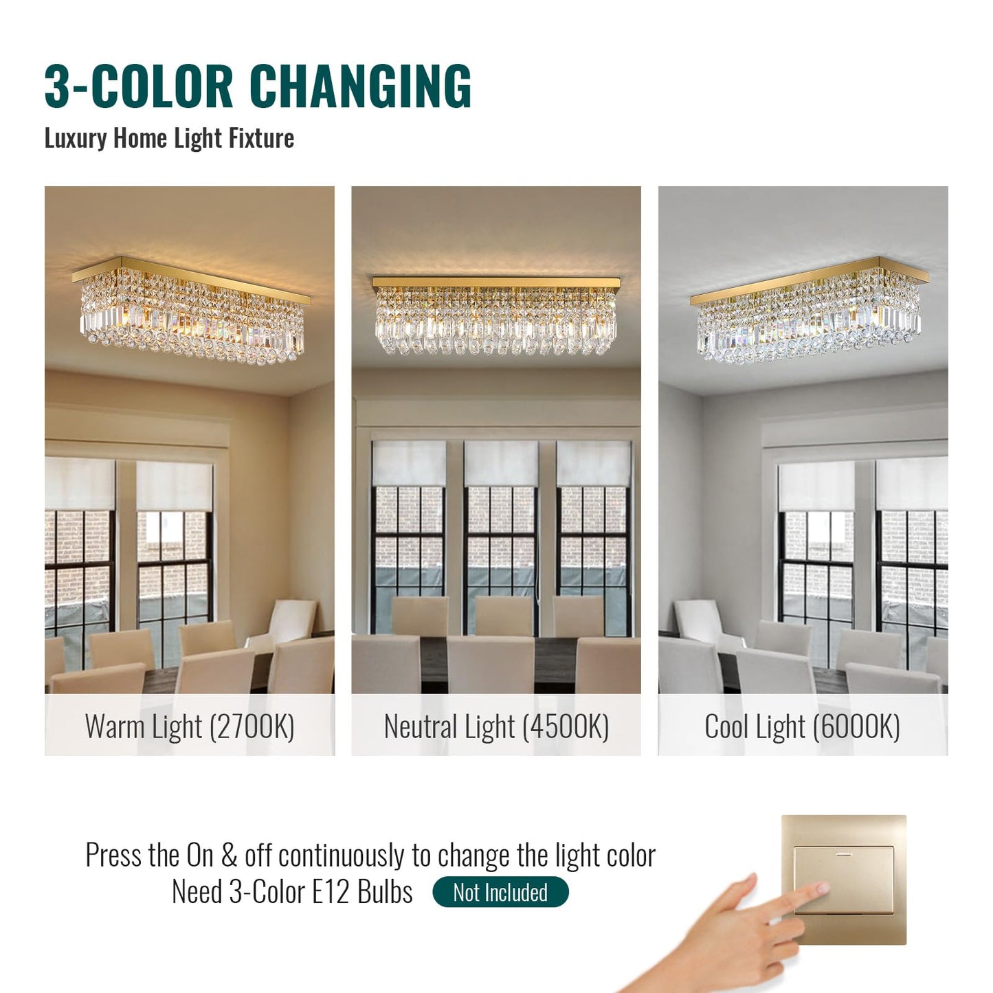 Vrbgify 6 Light Gold Rectangular Crystal Raindrop Chandelier Flush Mount Ceiling Light Fixture for Dining Room Kitchen Island 31.5 x 10 x 10 Inch 1 Piece