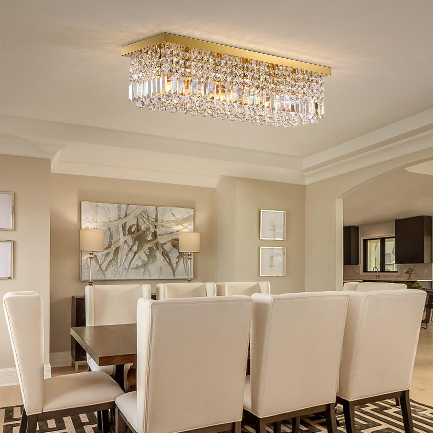 Vrbgify 6 Light Gold Rectangular Crystal Raindrop Chandelier Flush Mount Ceiling Light Fixture for Dining Room Kitchen Island 31.5 x 10 x 10 Inch 1 Piece