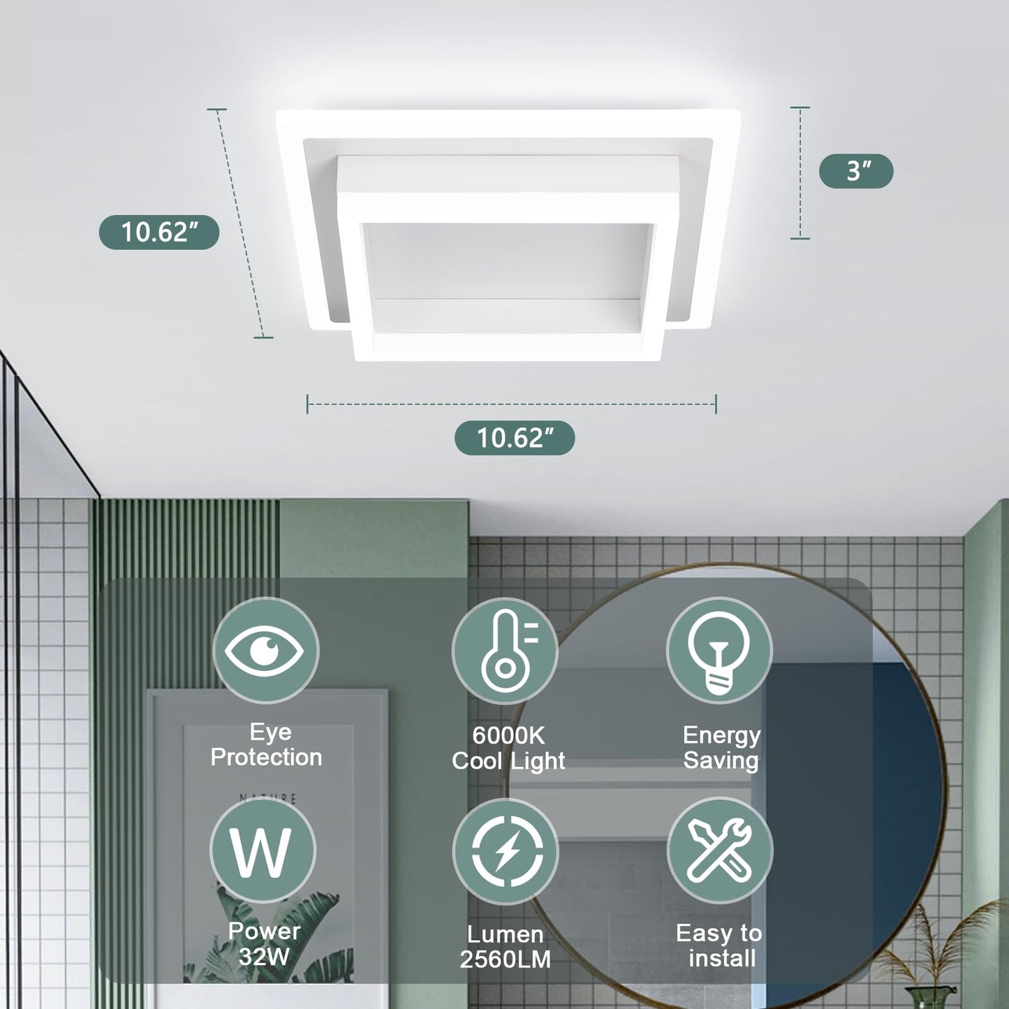 Vrbgify 1 Piece 32W Modern LED Flush Mount Ceiling Light White 10.62 x 10.62 x 3.54 Inch 6000K Cool White Acrylic Fixture for Bedroom Kitchen Hallway