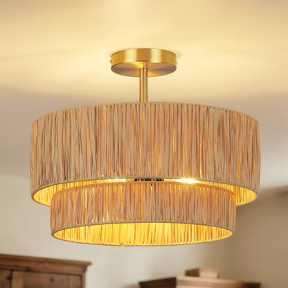 Vrbgify 16 Inch 3 Light Semi Flush Mount Ceiling Light with Handwoven 2 Tier Paper Woven Drum Shade Farmhouse Coastal Boho Fixture 1 Piece