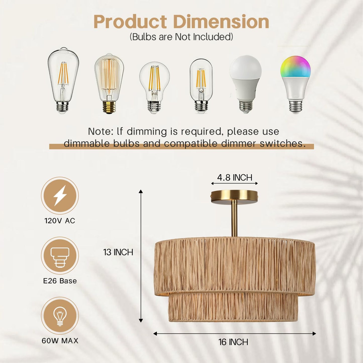 Vrbgify 16 Inch 3 Light Semi Flush Mount Ceiling Light with Handwoven 2 Tier Paper Woven Drum Shade Farmhouse Coastal Boho Fixture 1 Piece