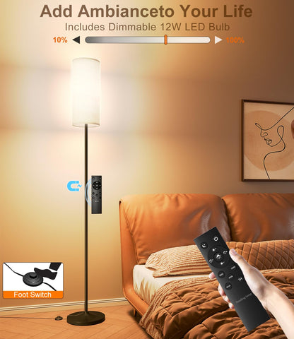 Vrbgify 1 Piece Dimmable LED Floor Lamp 12W Bulb Adjustable Color Temperature 3000K to 6500K Linen Shade Remote Foot Switch Black
