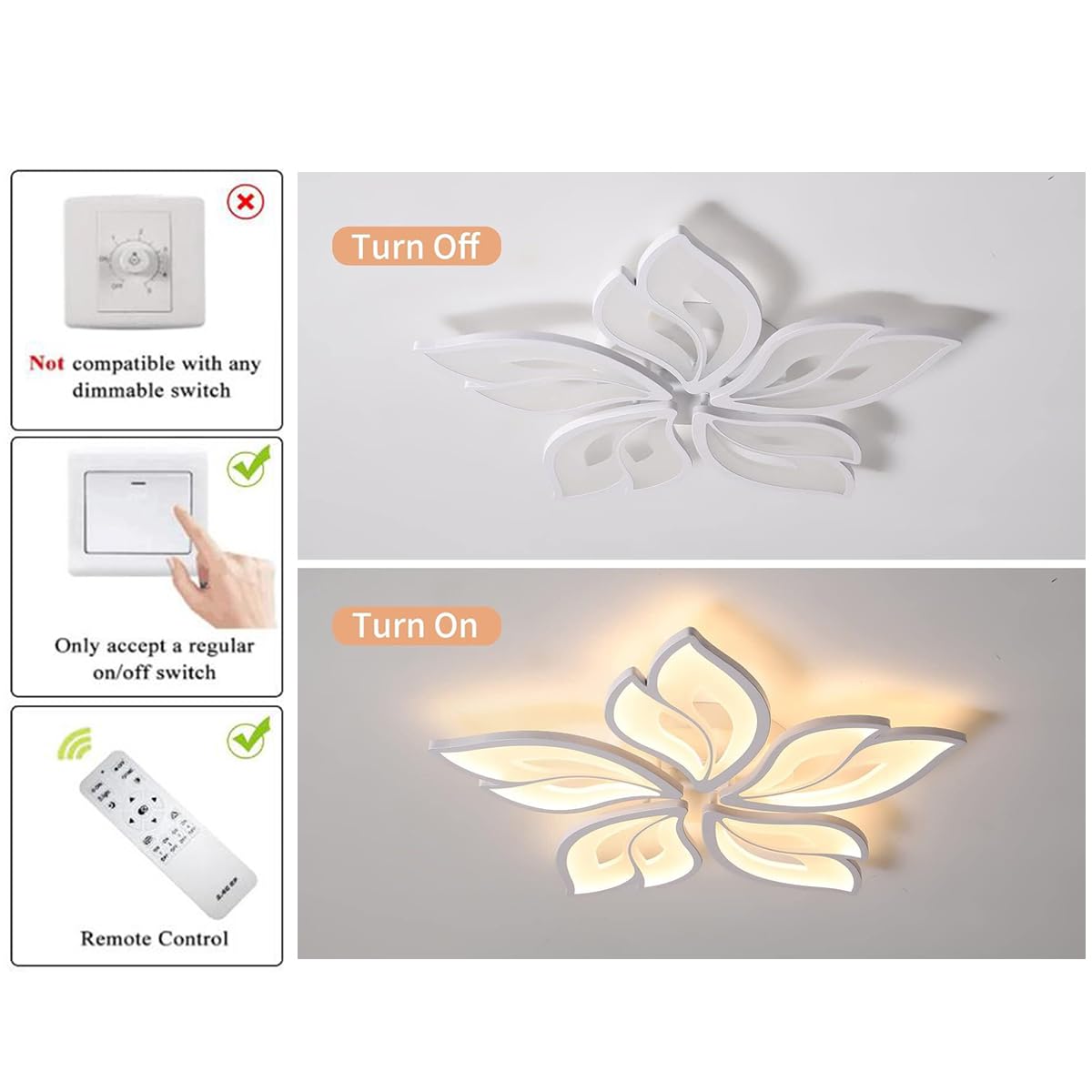 Vrbgify Five Leaf 23.6 in Dimmable LED Flush Mount Ceiling Light with Remote Control Adjustable 3000K to 6500K White Acrylic Fixture 1 Piece