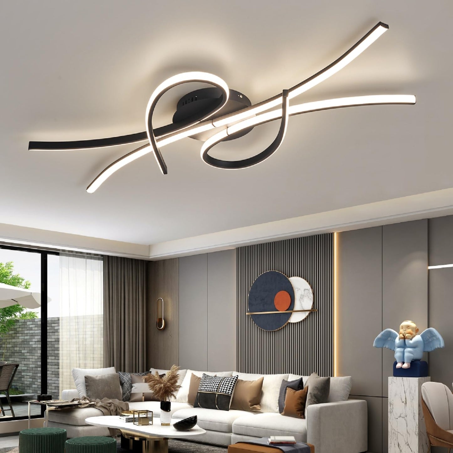 Vrbgify 54W Dimmable LED Ceiling Light Black 3780 Lumen Remote Control Flush Mount Chandelier 39.3x19.6x3.5 in for Kitchen Bedroom Living Room 1 Piece