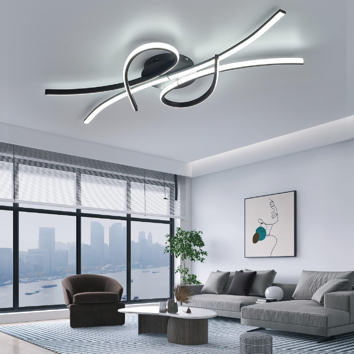 Vrbgify 54W Dimmable LED Ceiling Light Black 3780 Lumen Remote Control Flush Mount Chandelier 39.3x19.6x3.5 in for Kitchen Bedroom Living Room 1 Piece