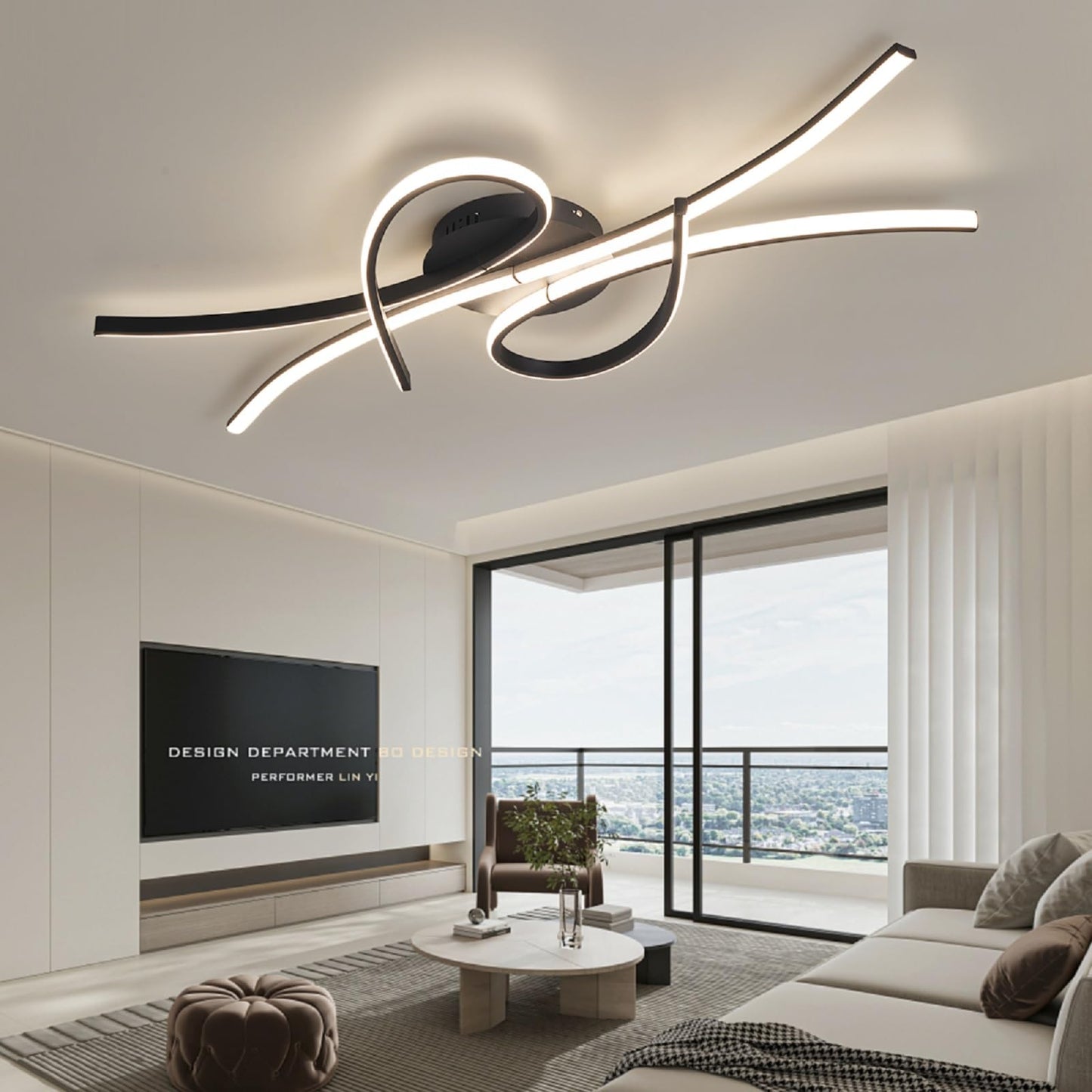Vrbgify 54W Dimmable LED Ceiling Light Black 3780 Lumen Remote Control Flush Mount Chandelier 39.3x19.6x3.5 in for Kitchen Bedroom Living Room 1 Piece