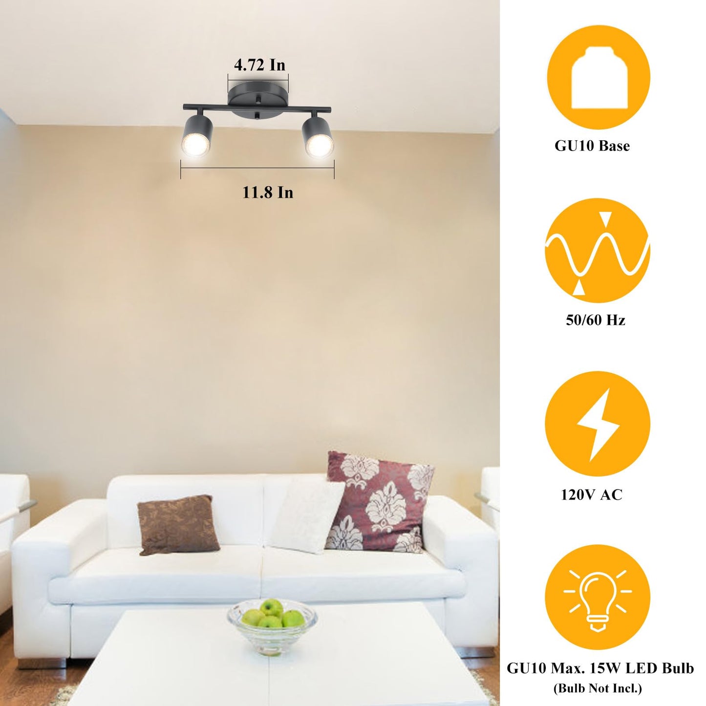 Vrbgify Matte Black LED 2 Light Track Lighting Kit 2 Way Adjustable Ceiling Spotlights GU10 Base Rotates 350 Degrees 4.7 in Canopy 1 Kit
